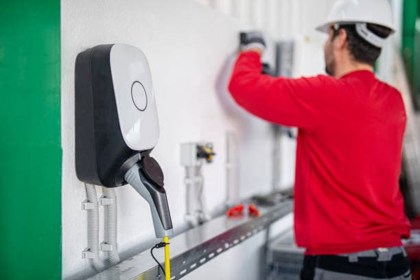 Fachkraft richtet intelligente Haussteuerung mit vernetzten Geräten in einer Berliner Wohnung ein.